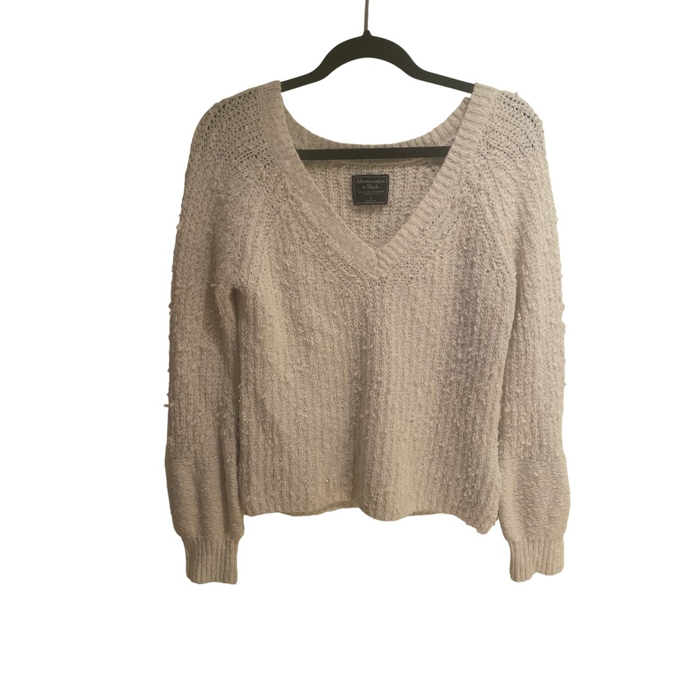 Abercrombie & Fitch Womens Cream V-Neck Chunky Knit Sweater Textured Slub Small - Picture 1 of 3